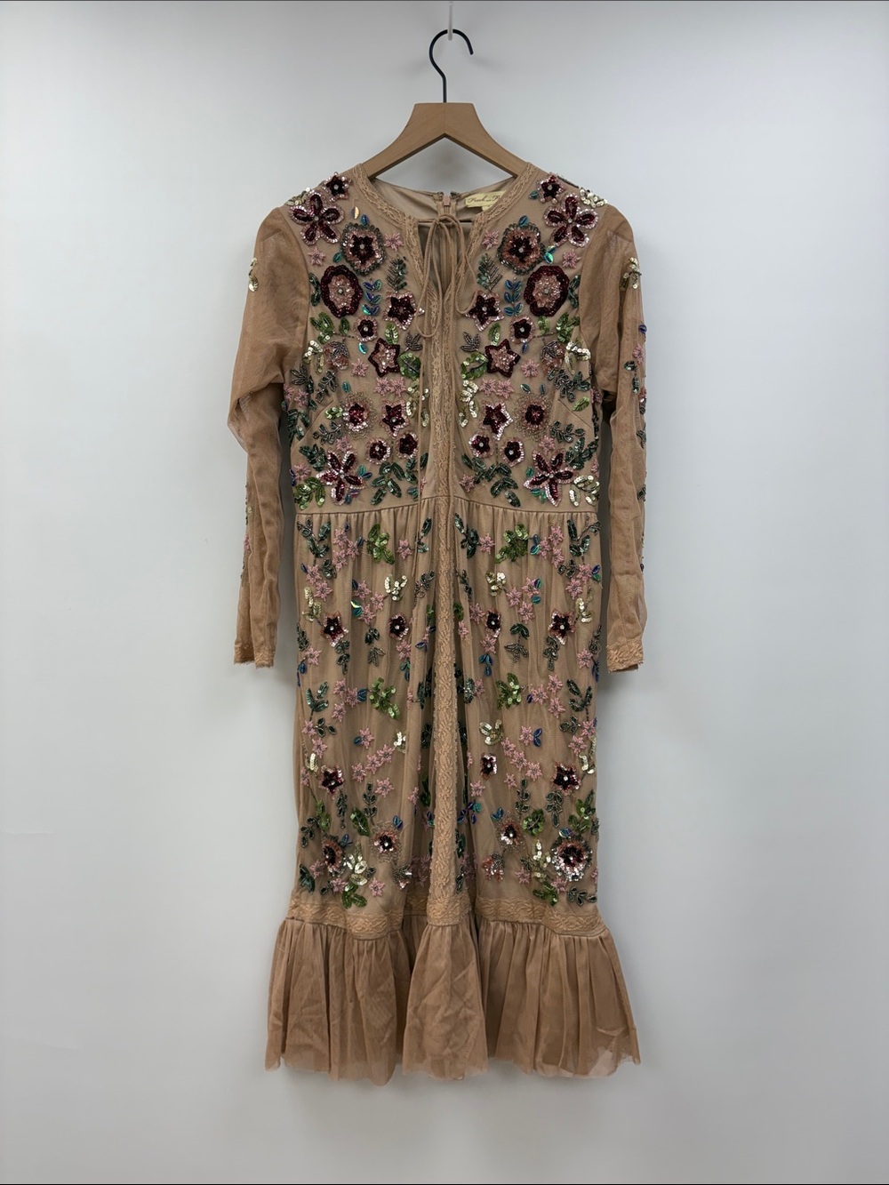 Frock and Frill Floral Sequin Embellished Mesh Ruffle A-Line Midi Dress Tan 12 - Picture 2 of 9